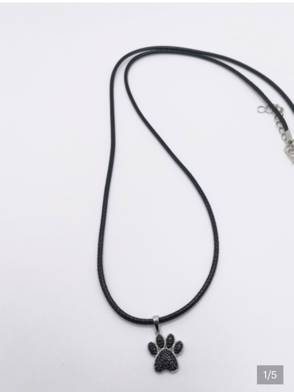 10kt White Gold Cubic Zirconia Dog Paw Print Pendant Black Cord Necklace